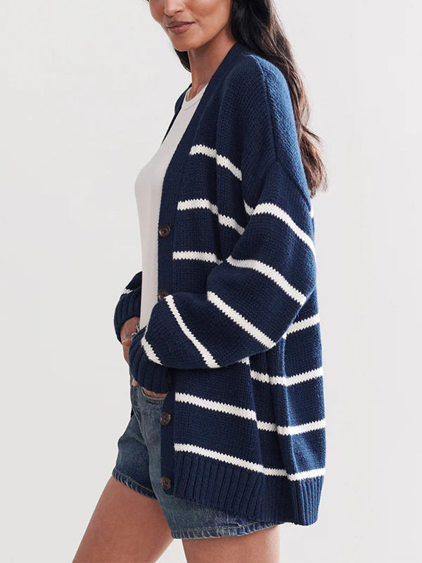 Long Sleeves Loose Split-Joint Striped V-Neck Cardigan Tops
