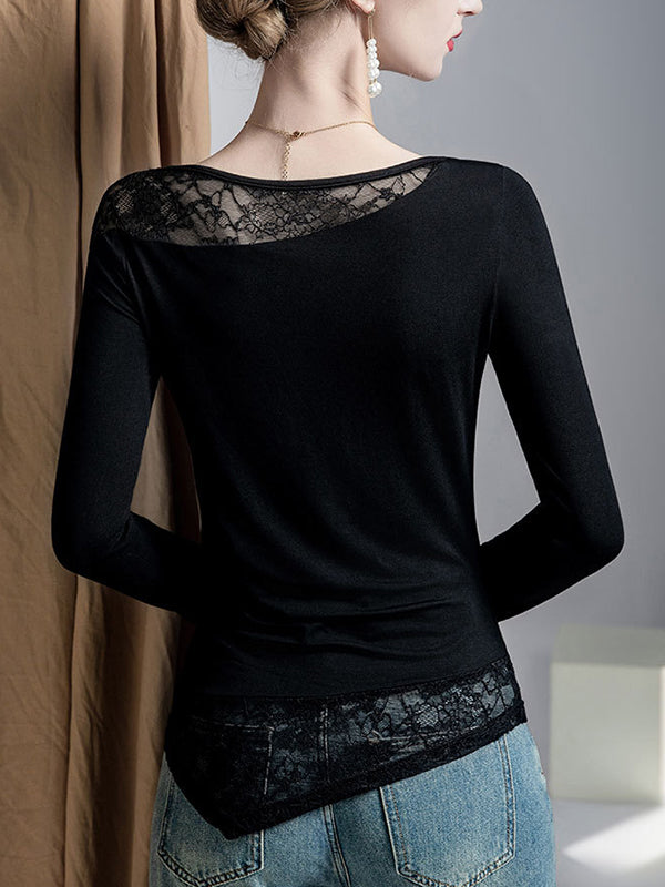 False Two Long Sleeves Asymmetric Embroidered Mesh See-Through Split-Joint Round-Neck T-Shirts