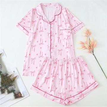 Women Fashion Casual Bowknot Printed Lapel Short Sleeve Top Loose Shorts Pajamas Set