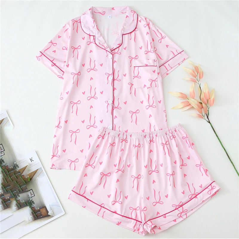 Women Fashion Casual Bowknot Printed Lapel Short Sleeve Top Loose Shorts Pajamas Set