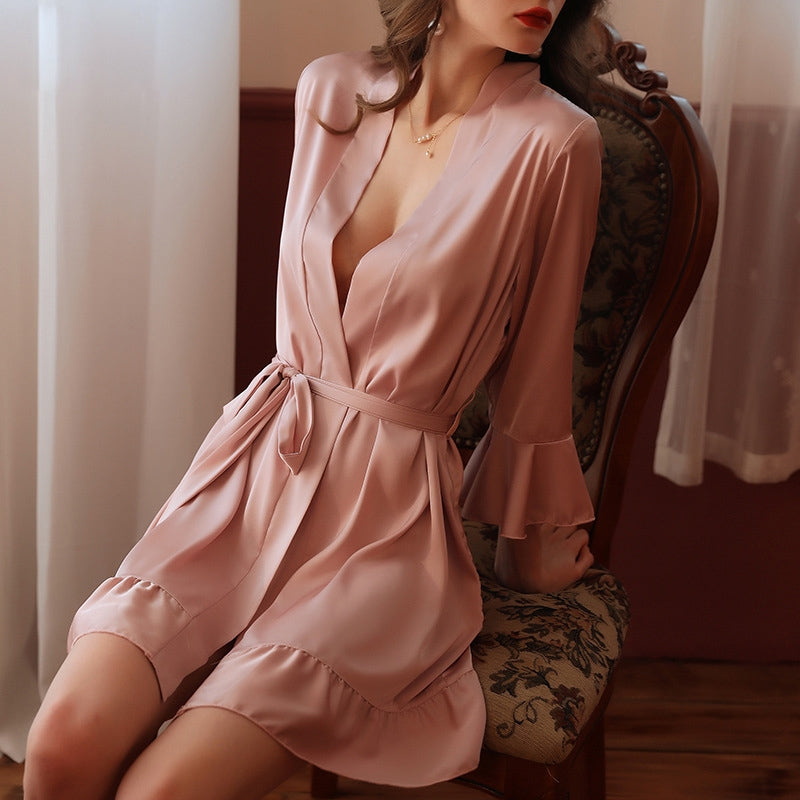 Women Fashion Sexy Silk Loose Leaf Cuff Cardigan Home Pajamas