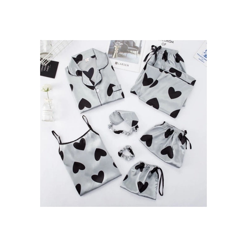 Women Simple Casual Stripe Printed Thin Pajamas Seven-Piece Set