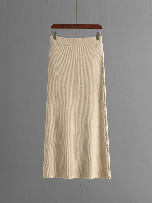 Loose Puff Sleeves Hollow Solid Color Sweater + Elasticity Skirt Two Pieces Set