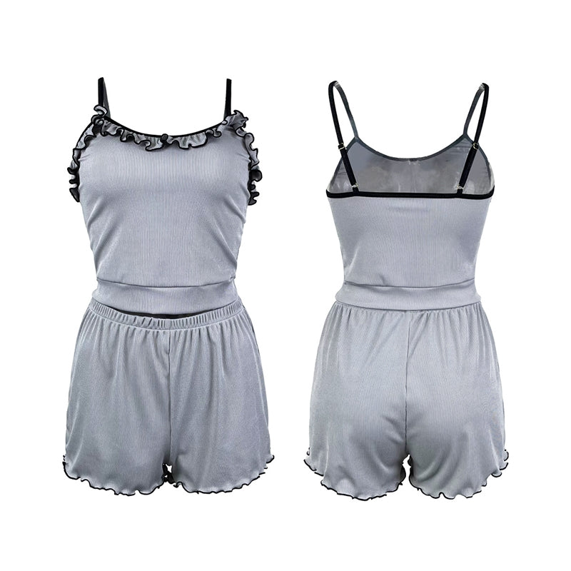 Women Fashion Sexy Ruffled Camisole Shorts Pajamas Two-Piece Set