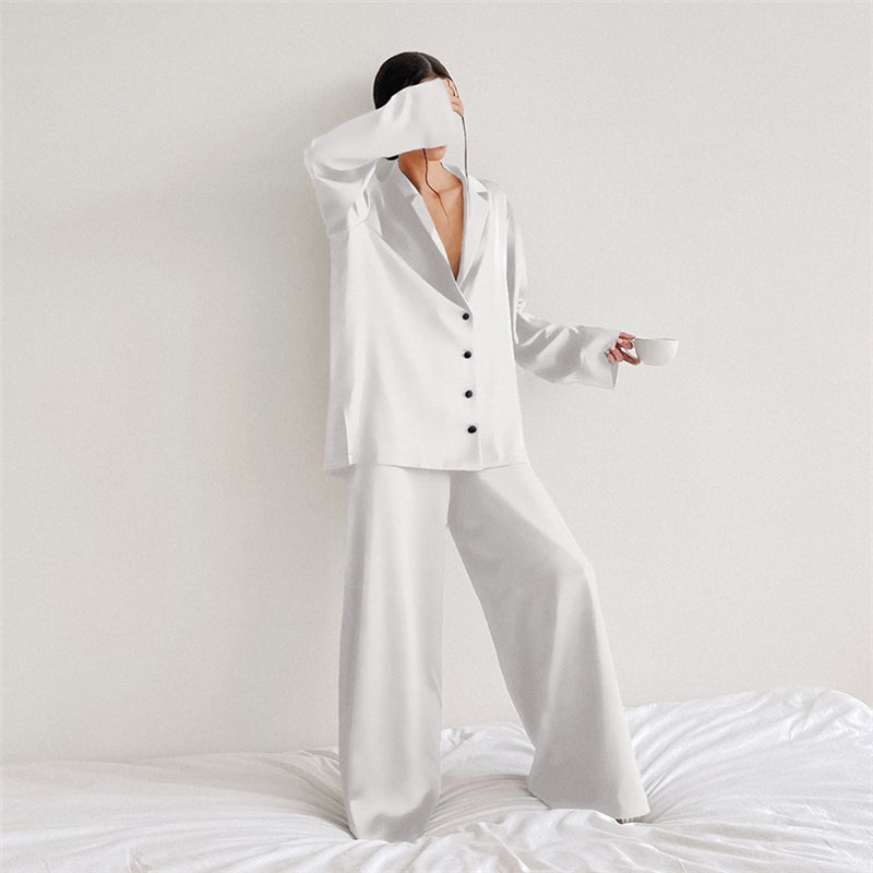 Women Fashion Casual Solid Color Ice Silk Lapel Long-Sleeve Loose Pants Pajamas Two-Piece Set