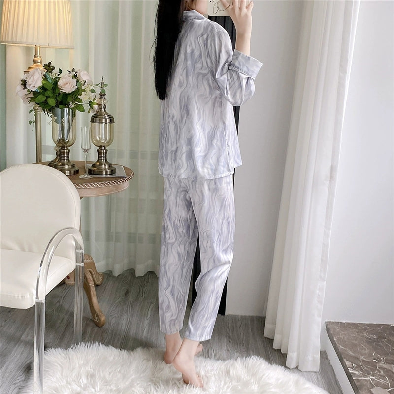 Women Fashion Elegant Gradient Ice Silk Lapel Long Sleeve Top Thin Pants Pajamas Set