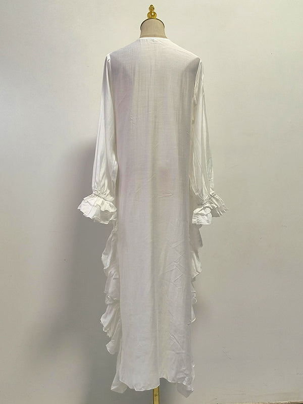 Flared Sleeves High-Low Elasticity Pleated Solid Color V-Neck Blouses&Shirts Tops