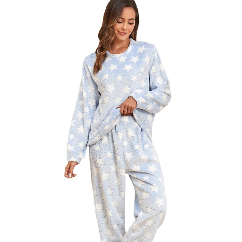 Women Fashion Star Print Round Neck Long Sleeve Home Pajamas Set