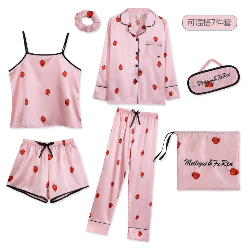 Women Simple Casual Stripe Printed Thin Pajamas Seven-Piece Set