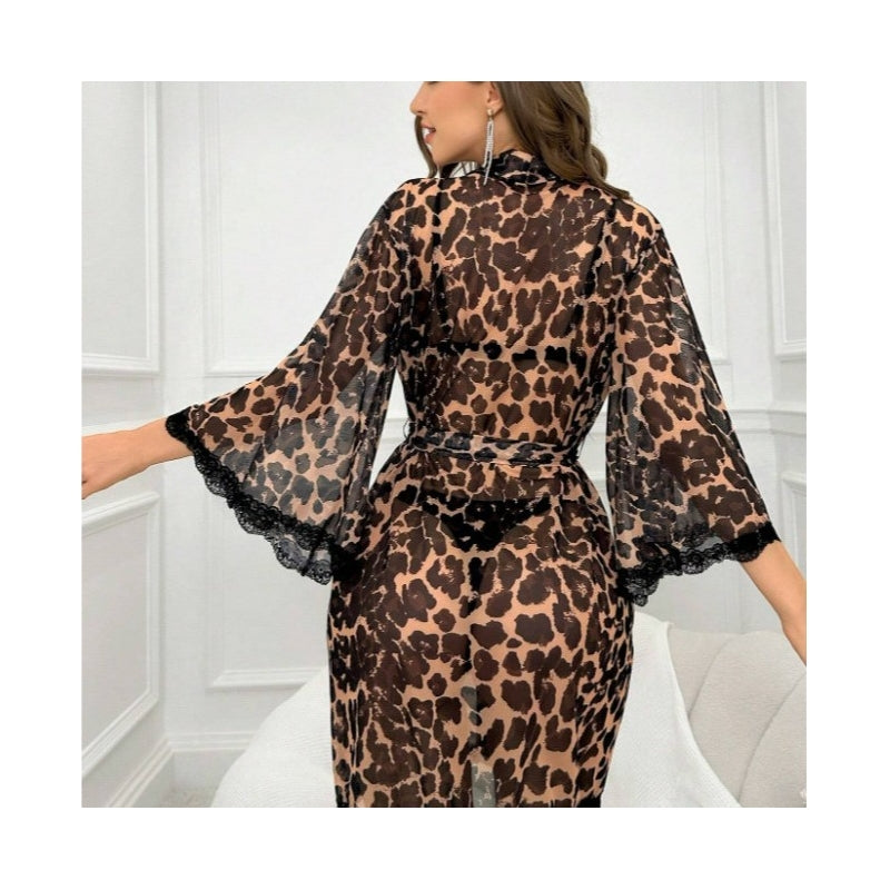 Women Fashion Sexy Leopard Mesh Long-Sleeve Lace-Up Dress Pajamas Sets