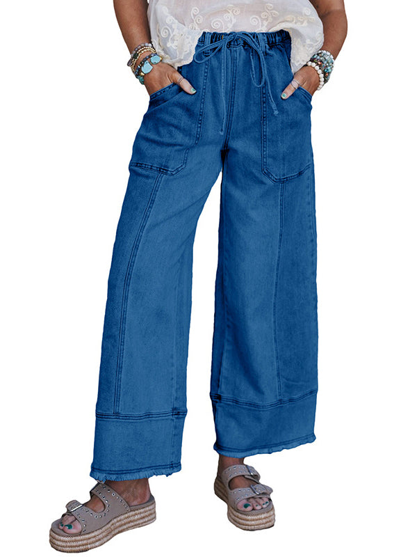 High Waisted Loose Drawstring Fringed Pockets Solid Color Jean Pants Bottoms