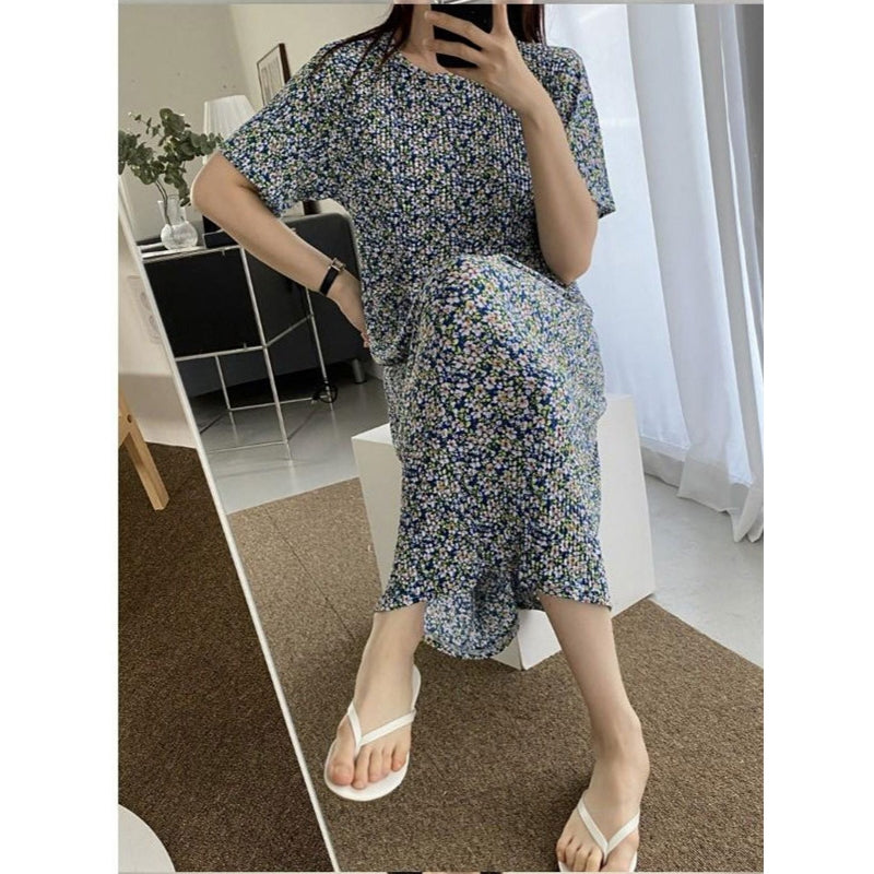 Women Fashion Casual Floral Printed Short Sleeve Loose Dress Pajamas