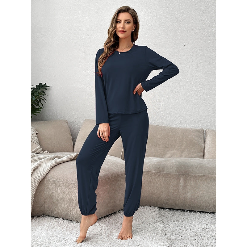 Women Casual Solid Color Long Sleeve Top And Pants Pajamas Two-Piece Set