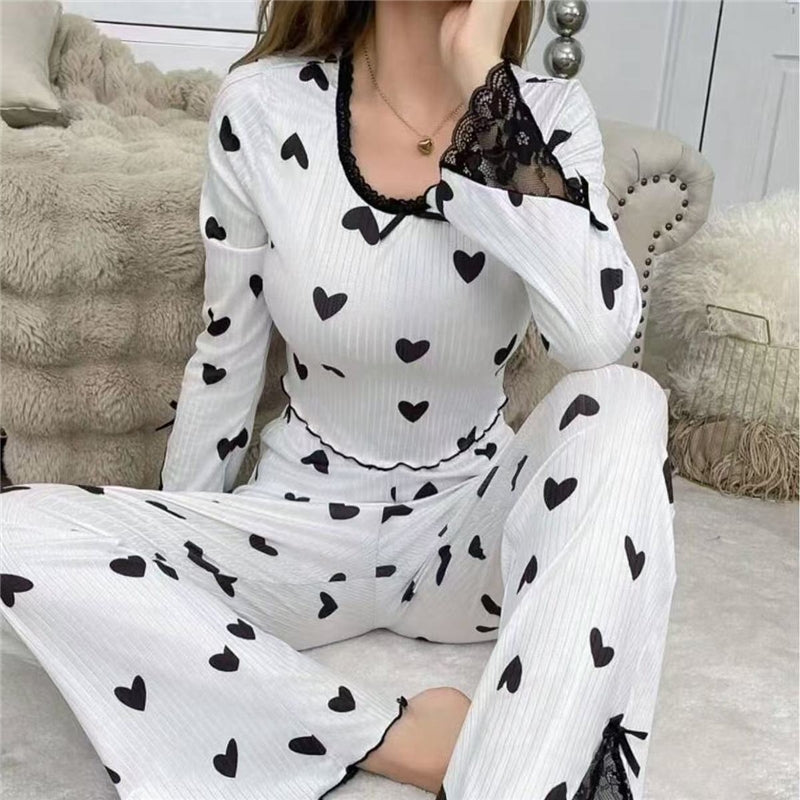 Women Fashion Sexy Love Lace Splice Long-Sleeve T-Shirt Loose Pants Pajamas Two-Piece Set
