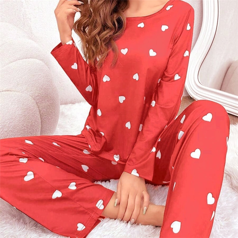 Women Casual Heart Print Pajamas Longewear Two-Piece Set