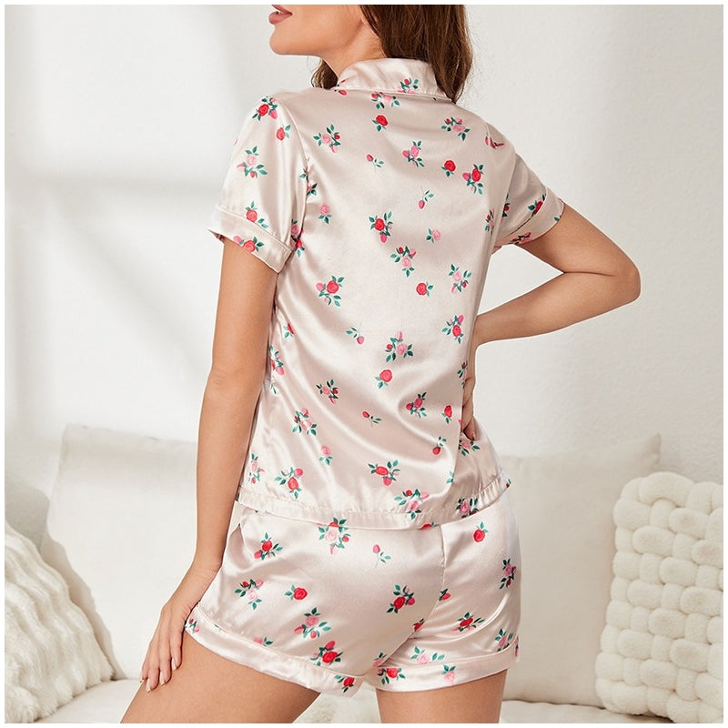 Women Casual Floral Print Short-Sleeved Top Shorts Pajamas Two-Piece Set