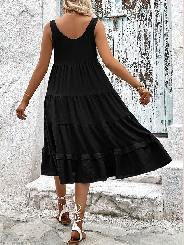 Loose Sleeveless Buttoned Solid Color Tiered Round-neck Midi Dresses