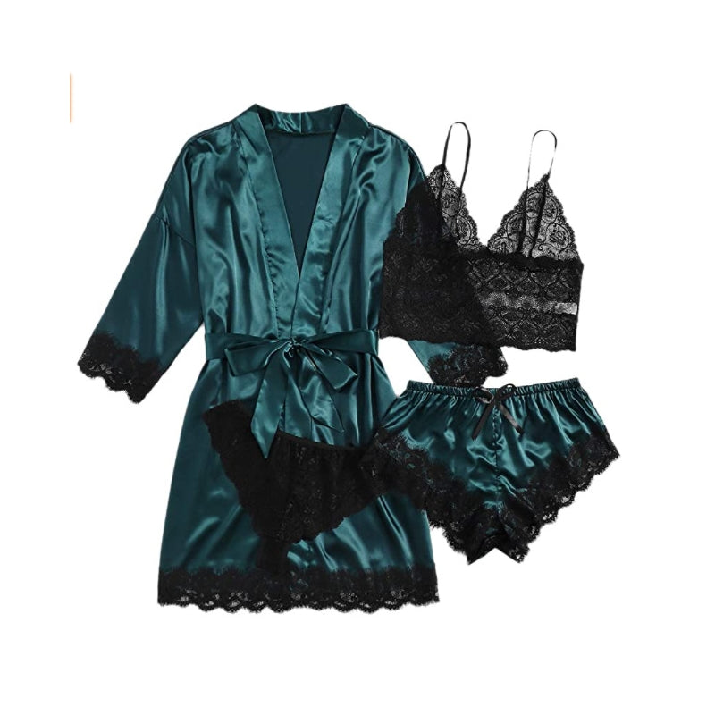 Sexy Women Lace Splicing Straps Long Sleeves Home Pajamas Four-Piece Set