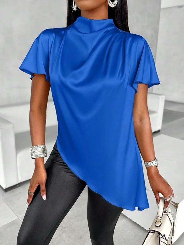 Loose Short Sleeves Asymmetric Solid Color Mock Neck Blouses&Shirts Tops