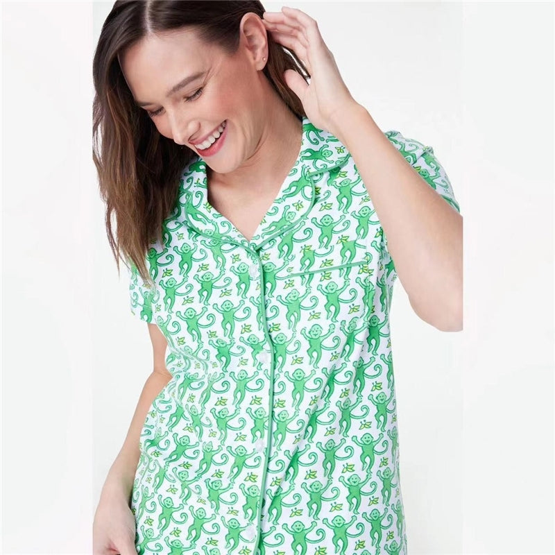 Women Fashion Casual Print Short-Sleeve Top Loose Shorts Pajamas Two-Piece Set