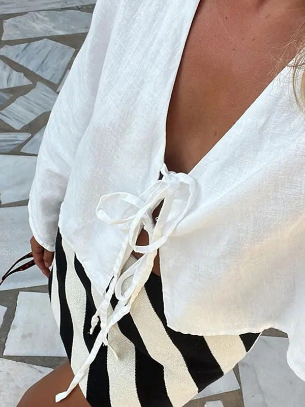 Lace-Up Solid Color V-Neck Blouses&Shirts Tops