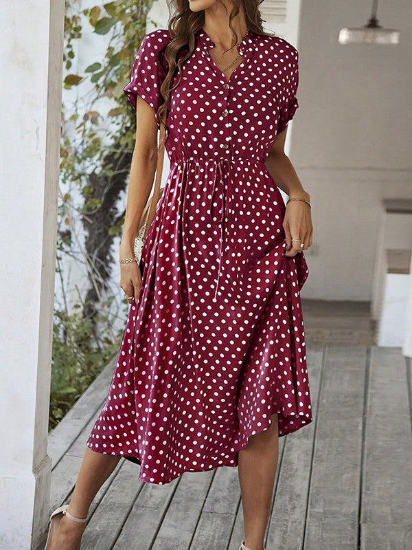 A-Line High Waisted Buttoned Drawstring Polka-Dot V-Neck Midi Dresses