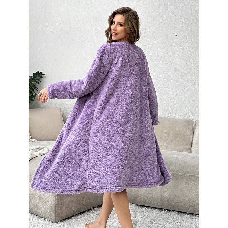 Autumn And Winter Women Fashion Solid Color Flannel Nightgown Three-Piece Set