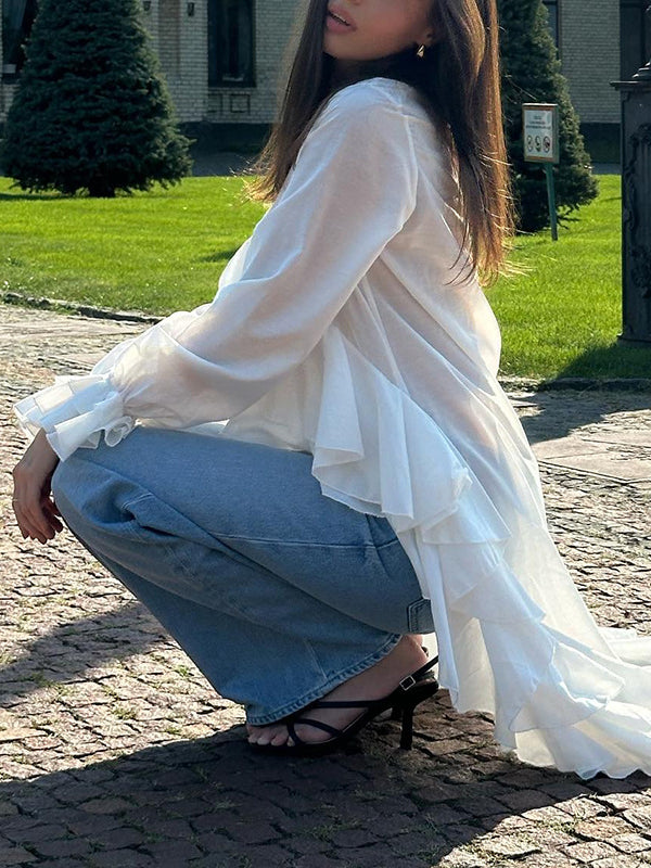 Flared Sleeves High-Low Elasticity Pleated Solid Color V-Neck Blouses&Shirts Tops