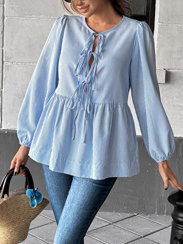 Long Sleeves Loose Elasticity Pleated Striped Tied Round-Neck Blouses&Shirts Tops
