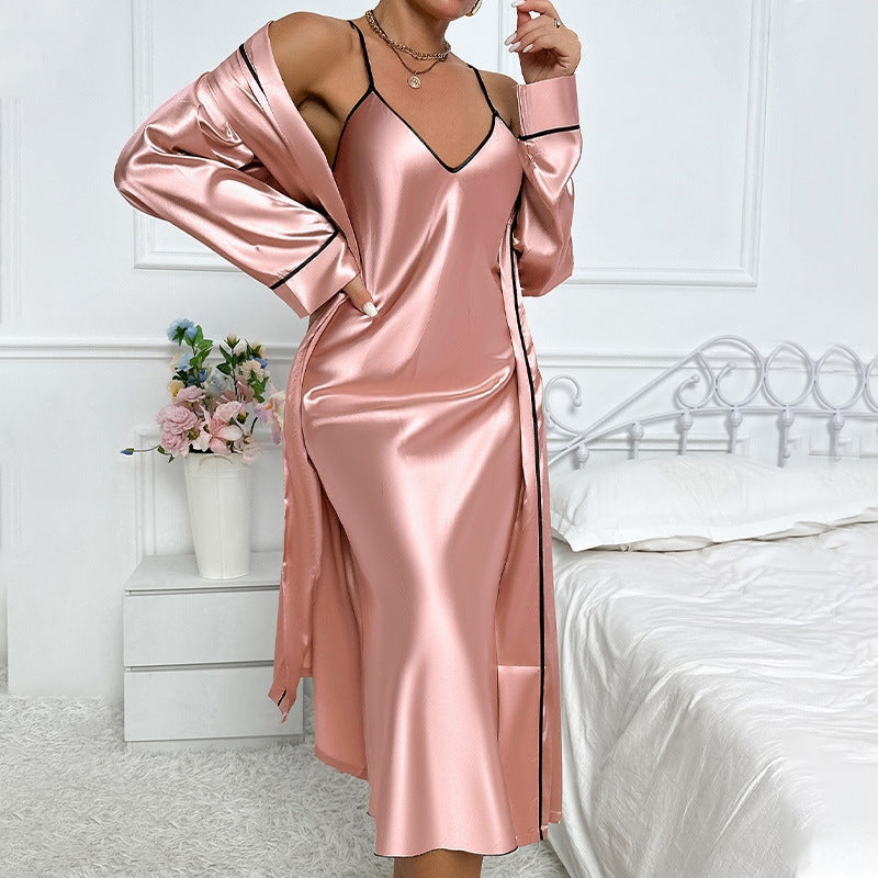 Women Fashion Solid Color Imitation Silk Spaghetti Strap Dress Long-Sleeve Lace-Up Coat Pajamas Two-Piece Set