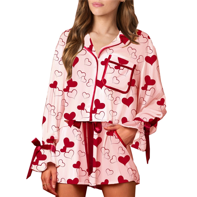 Women Fashion Casual Printed Loose Lapel Long-Sleeve Lace-Up Shorts Pajamas Two-Piece Set