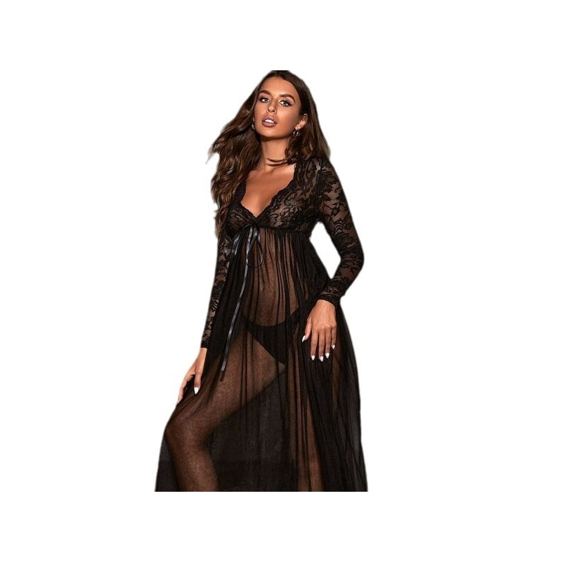 Women Fashion Sexy Lace Mesh Perspective Long-Sleeve Dress Pajamas
