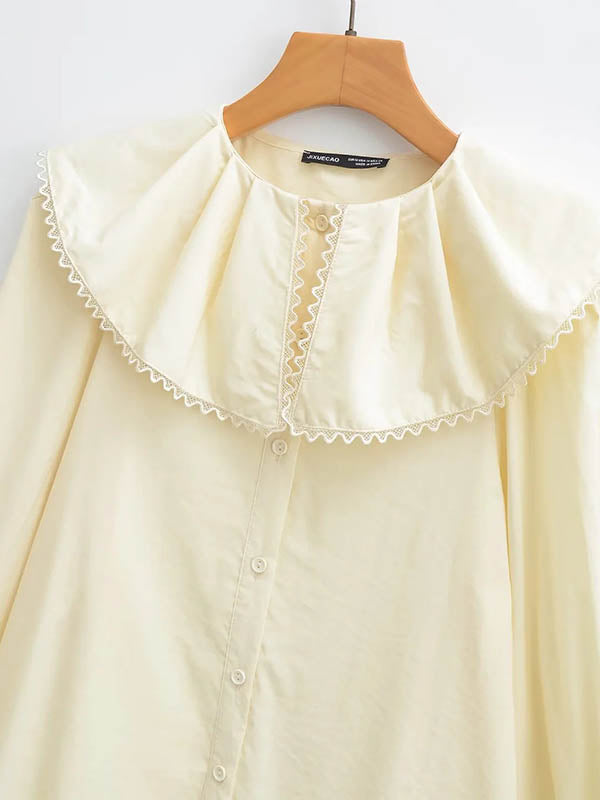 Loose Puff Sleeves Pleated See-Through Solid Color Split-Joint Peter Pan Collar Blouses&Shirts Tops