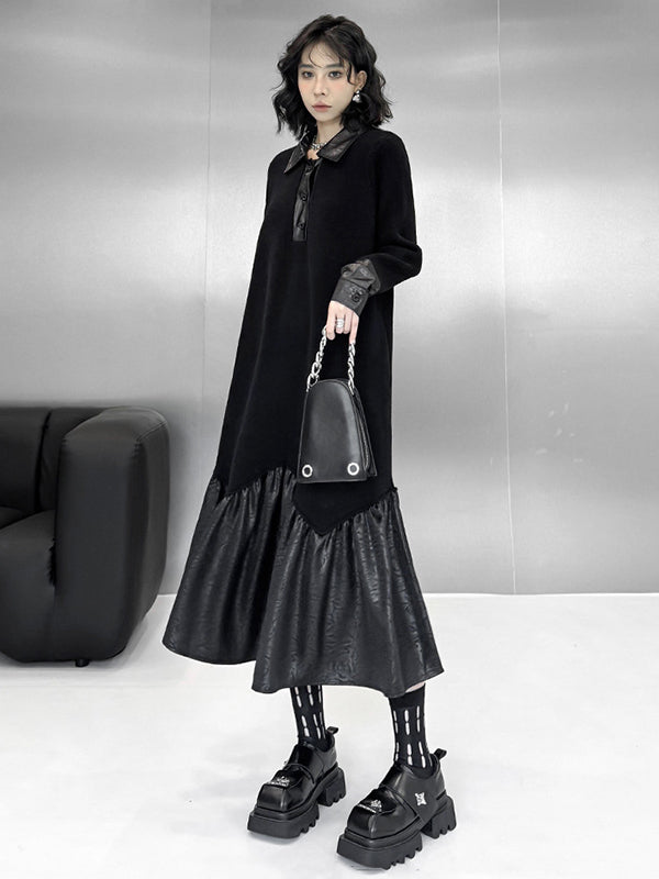 A-Line Long Sleeves Buttoned Split-Joint Polo Midi Dresses Sweater Dresses