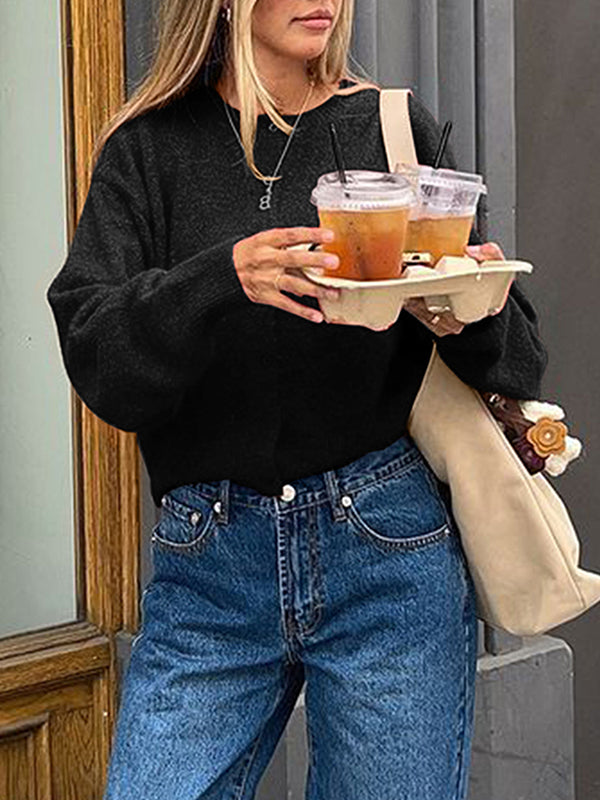 Long Sleeves Loose Buttoned Solid Color Round-Neck Cardigan Tops