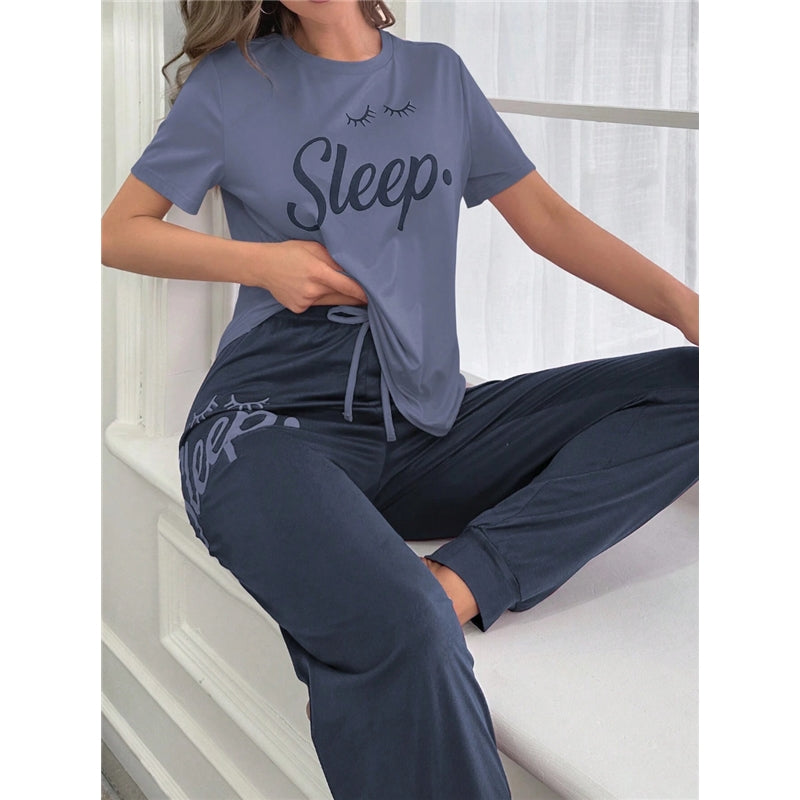 Women Fashion Casual Printed Short Sleeve T-Shirt Drawstring Pants Pajamas Two-Piece Set