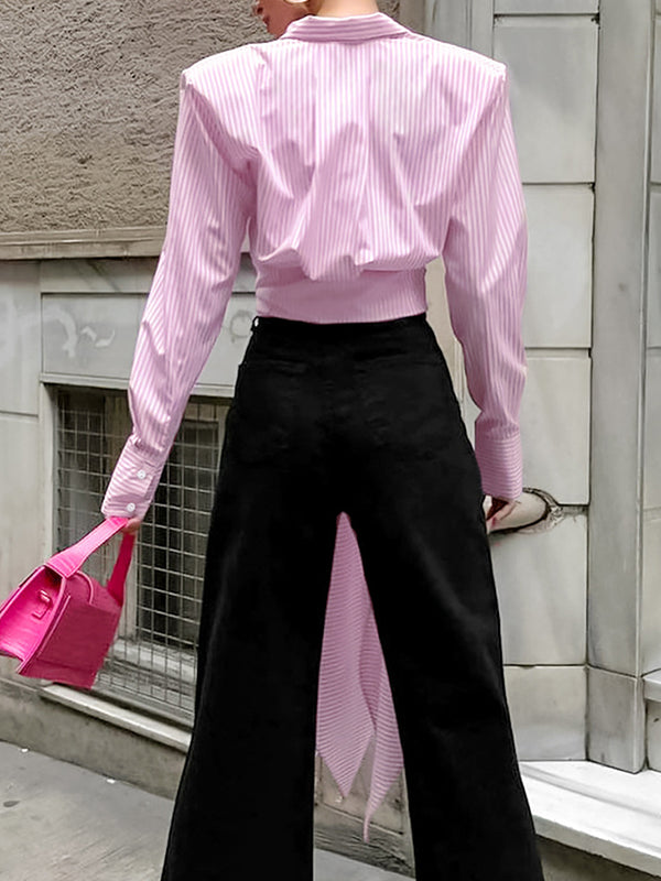 Long Sleeves Loose Asymmetric Split-Joint Striped Lapel Blouses