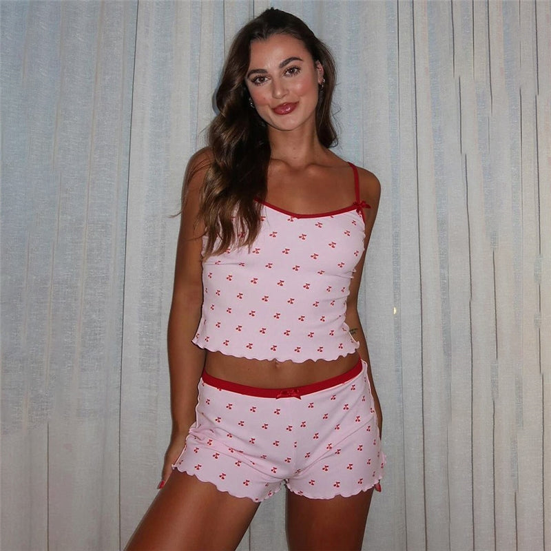Women Fashion Sexy Cherry Print Camisole Shorts Pajamas Set