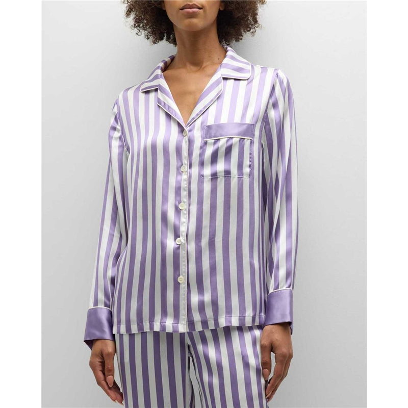 Women Fashion Casual Stripe Lapel Long Sleeve Top Loose Pants Pajamas Two-Piece Set