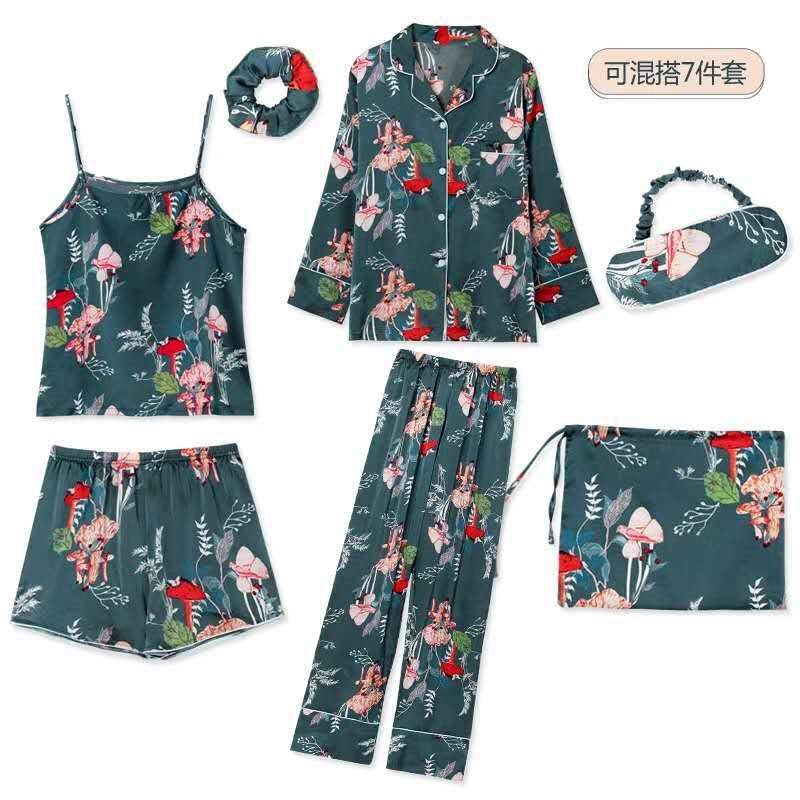 Women Simple Casual Stripe Printed Thin Pajamas Seven-Piece Set