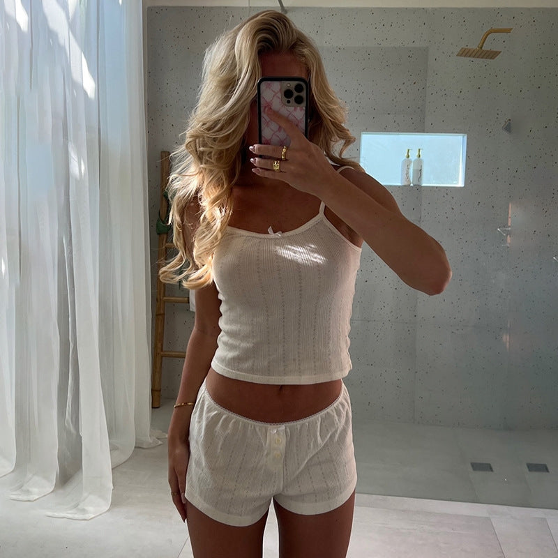 Women Fashion Sexy Solid Color Camisole Loose Shorts Pajamas Two-Piece Set