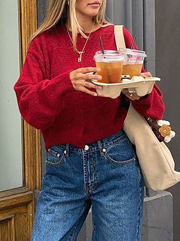 Long Sleeves Loose Buttoned Solid Color Round-Neck Cardigan Tops