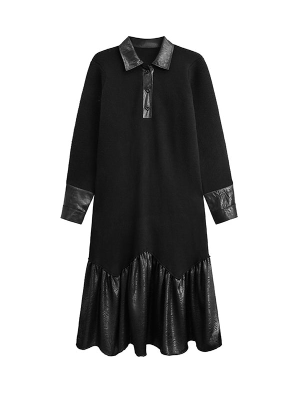 A-Line Long Sleeves Buttoned Split-Joint Polo Midi Dresses Sweater Dresses