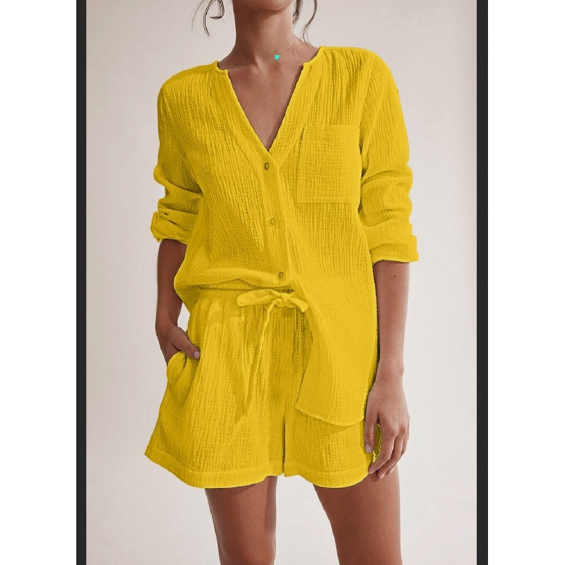 Women Casual Solid Color Double Gauze Cotton Long Sleeve Shorts Pajamas Set