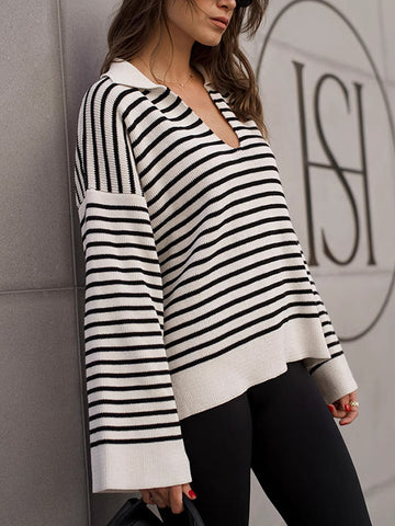 Long Sleeves Loose Split-Joint Striped Lapel Sweater Tops