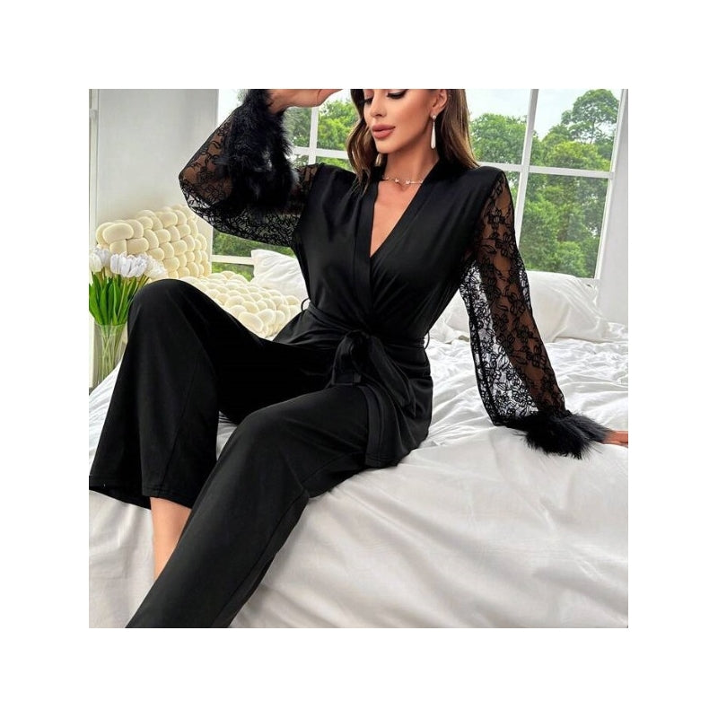 Women Fashion Elegant Stitching Lace V-Neck Long-Sleeve Lace-Up Top Loose Pants Pajamas Set