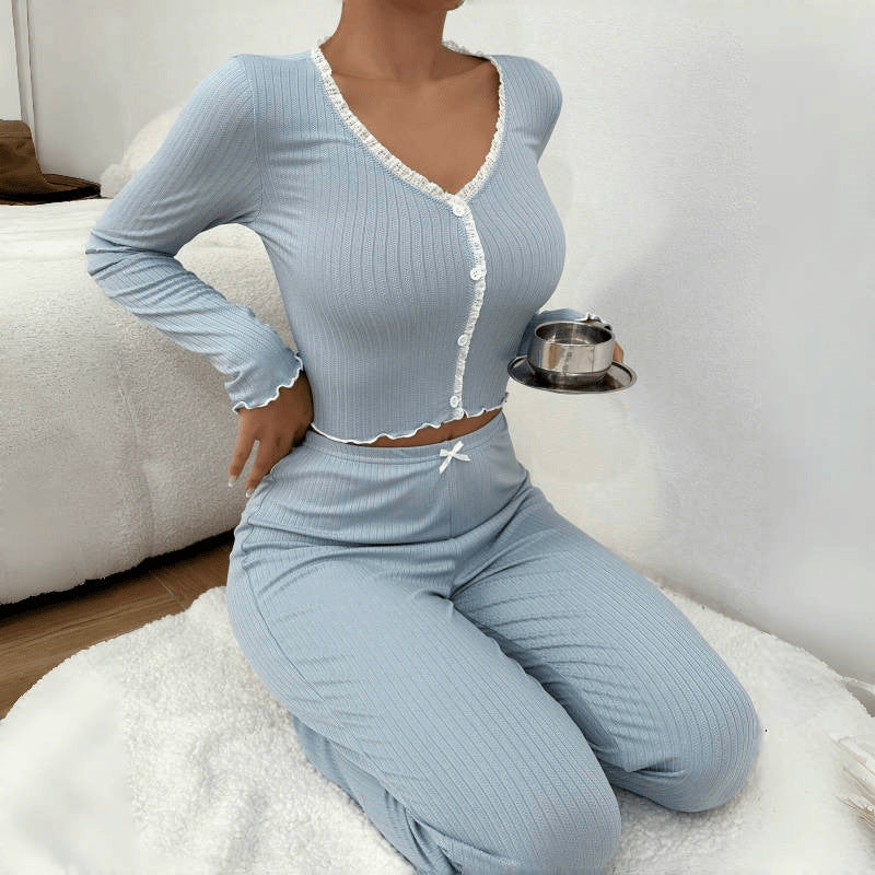 Women Casual Solid Color Lace Pajamas Longewear