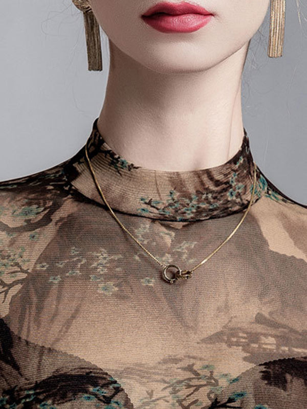 Long Sleeves Plus Size Asymmetric Mesh See-Through Split-Joint Round-Neck T-Shirts Tops