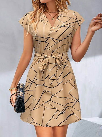 A-Line Loose Printed Tied Waist V-Neck Mini Dresses