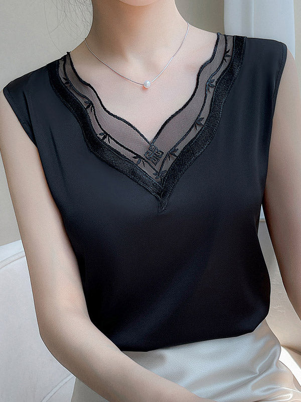 Loose Sleeveless Solid Color Split-Joint V-Neck Vest Top